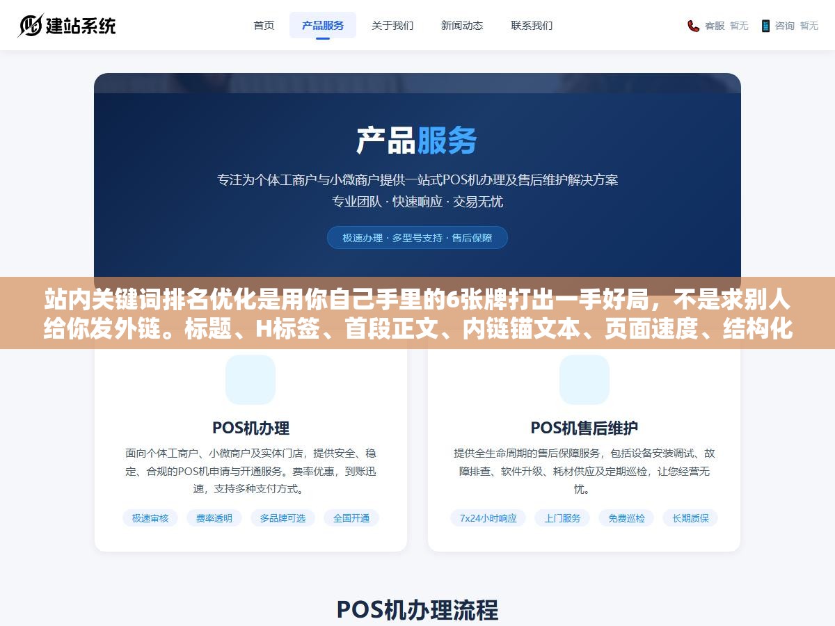 1 - 站内关键词排名优化是用你自己手里的6张牌打出一手好局，不是求别人给你发外链。标题、H标签、首段正文、内链锚文本、页面速度、结构化数据——这6个完全在你手里的因素做到位了，排名上升速度比求人换外链快3倍 - UC建站系统