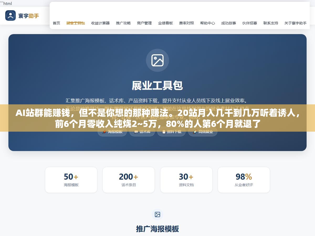 2 - AI站群能赚钱，但不是你想的那种赚法。20站月入几千到几万听着诱人，前6个月零收入纯烧2~5万，80%的人第6个月就退了 - UC建站系统