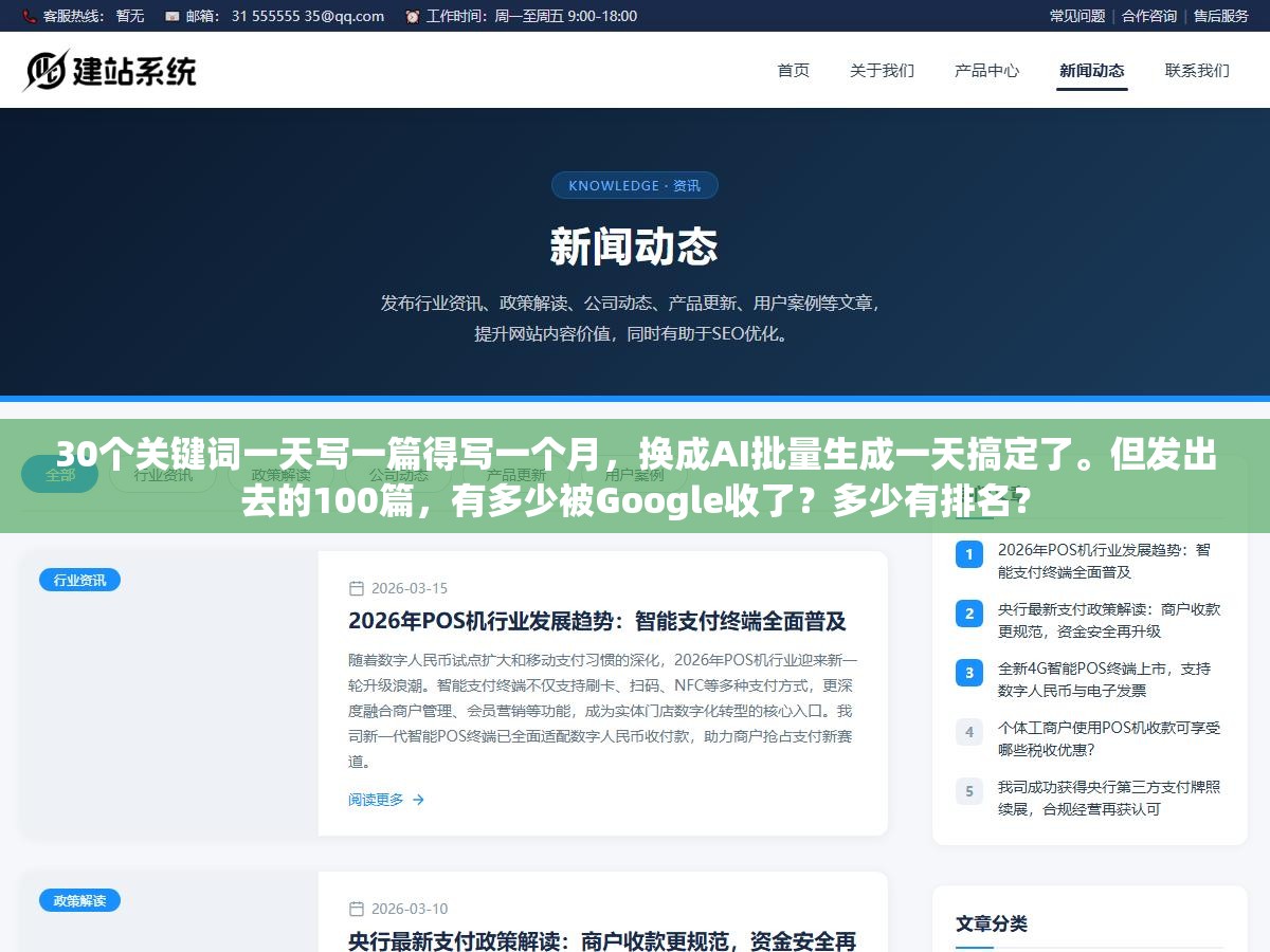 30个关键词一天写一篇得写一个月，换成AI批量生成一天搞定了。但发出去的100篇，有多少被Google收了？多少有排名？