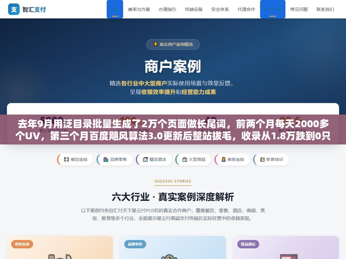 去年9月用泛目录批量生成了2万个页面做长尾词,前两个月每天2000多个UV,第三个月百度飓风算法3.0更新后整站拔毛,收录从1.8万跌到0只用了72小时 1 - 去年9月用泛目录批量生成了2万个页面做长尾词,前两个月每天2000多个UV,第三个月百度飓风算法3.0更新后整站拔毛,收录从1.8万跌到0只用了72小时 - UC建站系统