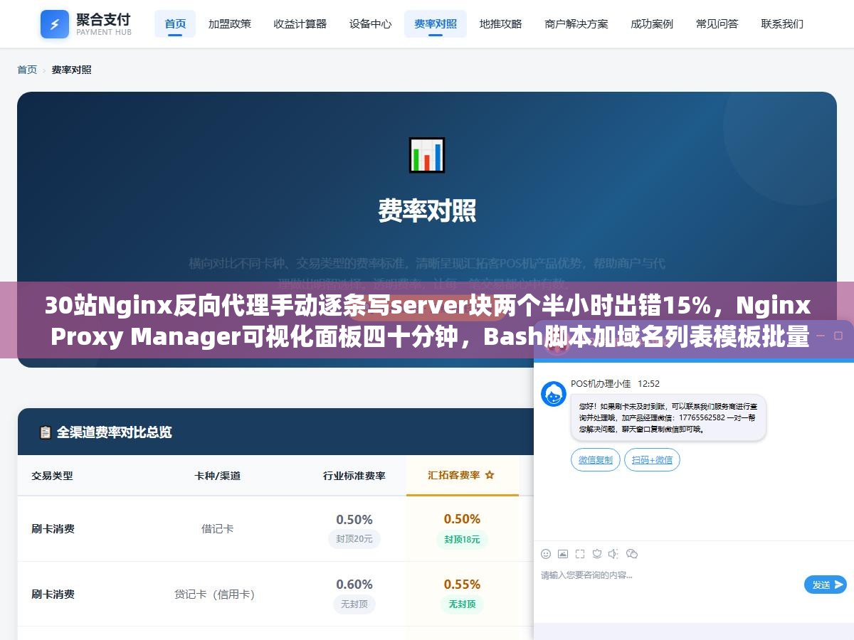 30站Nginx反向代理手动逐条写server块两个半小时出错15%,Nginx Proxy Manager可视化面板四十分钟,Bash脚本加域名列表模板批量生成不到三分钟零错误 1 - 30站Nginx反向代理手动逐条写server块两个半小时出错15%,Nginx Proxy Manager可视化面板四十分钟,Bash脚本加域名列表模板批量生成不到三分钟零错误 - UC建站系统