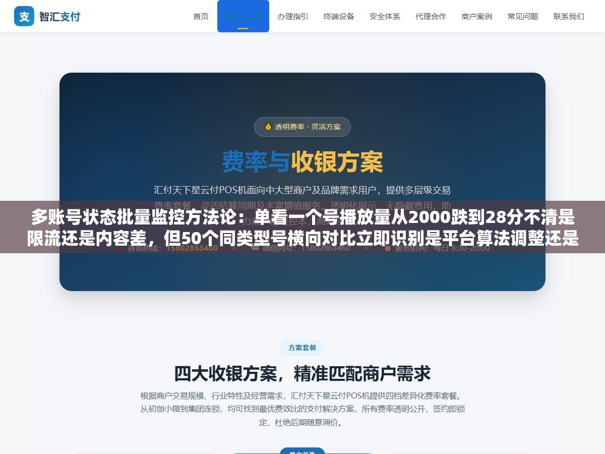 多账号状态批量监控方法论:单看一个号播放量从2000跌到28分不清是限流还是内容差,但50个同类型号横向对比立即识别是平台算法调整还是单号被处罚 1 - 多账号状态批量监控方法论:单看一个号播放量从2000跌到28分不清是限流还是内容差,但50个同类型号横向对比立即识别是平台算法调整还是单号被处罚 - UC建站系统