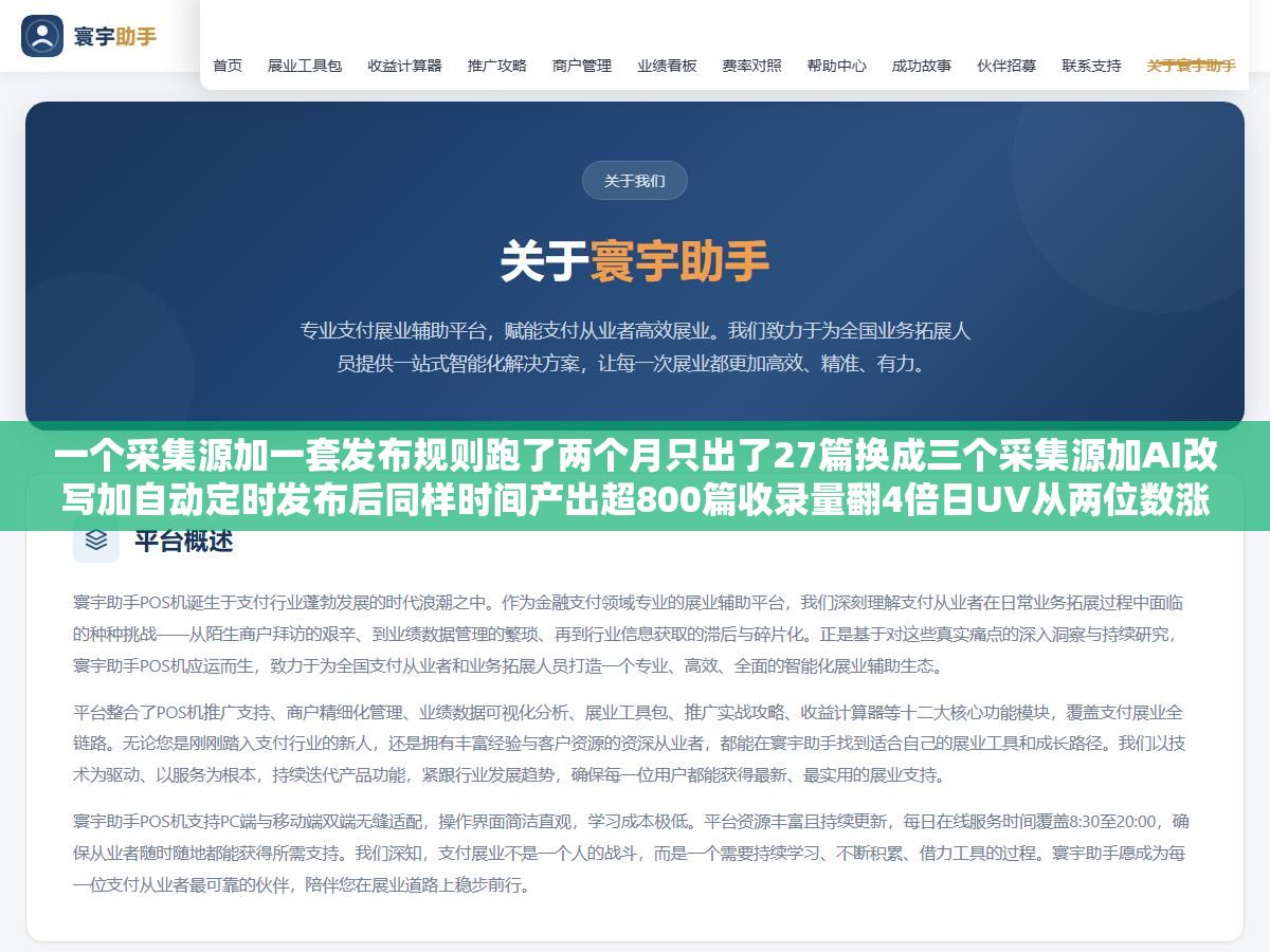 一个采集源加一套发布规则跑了两个月只出了27篇换成三个采集源加AI改写加自动定时发布后同样时间产出超800篇收录量翻4倍日UV从两位数涨到四位数:内容采集壁垒不在采集器而在改写差异化和发布节奏 2 - 一个采集源加一套发布规则跑了两个月只出了27篇换成三个采集源加AI改写加自动定时发布后同样时间产出超800篇收录量翻4倍日UV从两位数涨到四位数:内容采集壁垒不在采集器而在改写差异化和发布节奏 - UC建站系统