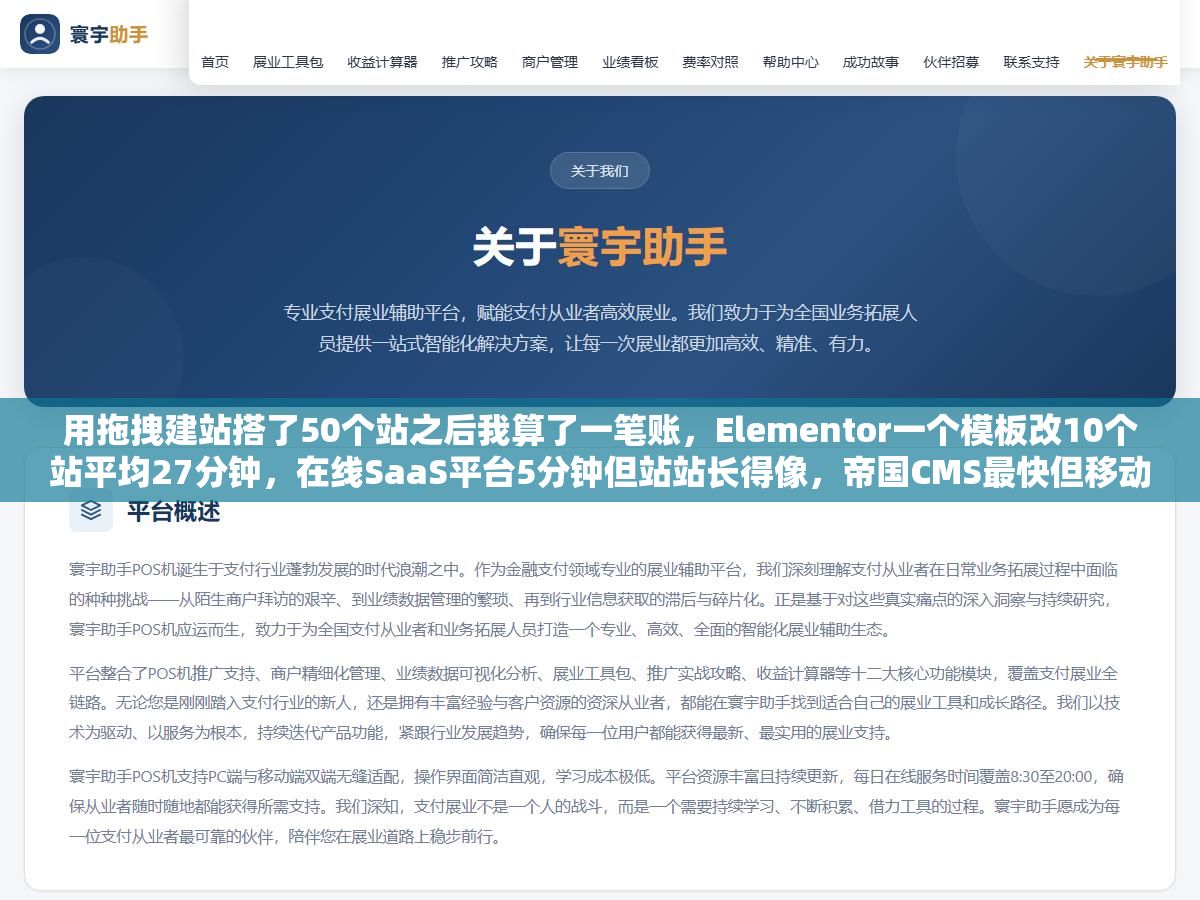 用拖拽建站搭了50个站之后我算了一笔账,Elementor一个模板改10个站平均27分钟,在线SaaS平台5分钟但站站长得像,帝国CMS最快但移动端适配要额外花40分钟一个,拖拽建站做站群省的那点时间全补在别的地方了 2 - 用拖拽建站搭了50个站之后我算了一笔账,Elementor一个模板改10个站平均27分钟,在线SaaS平台5分钟但站站长得像,帝国CMS最快但移动端适配要额外花40分钟一个,拖拽建站做站群省的那点时间全补在别的地方了 - UC建站系统