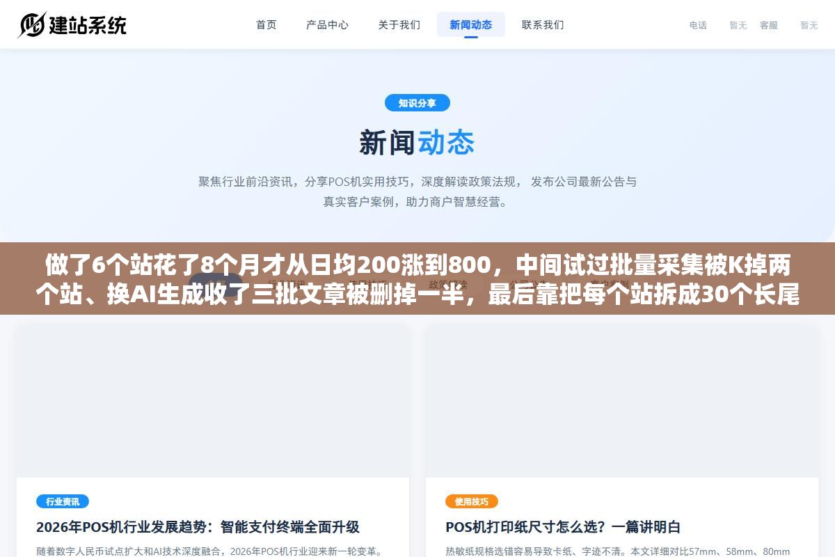 做了6个站花了8个月才从日均200涨到800,中间试过批量采集被K掉两个站、换AI生成收了三批文章被删掉一半,最后靠把每个站拆成30个长尾专题页才真正稳住流量 1 - 做了6个站花了8个月才从日均200涨到800,中间试过批量采集被K掉两个站、换AI生成收了三批文章被删掉一半,最后靠把每个站拆成30个长尾专题页才真正稳住流量 - UC建站系统