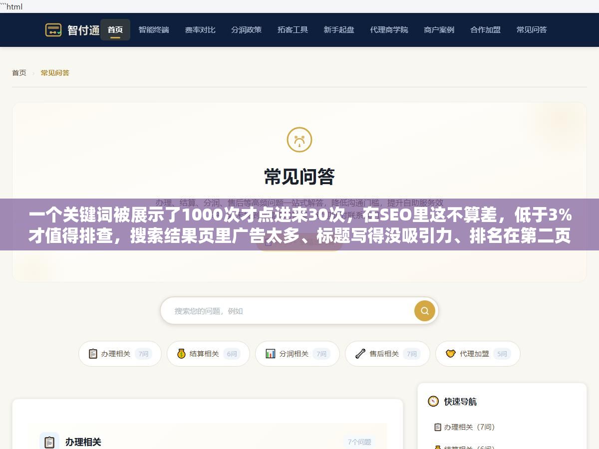 一个关键词被展示了1000次才点进来30次,在SEO里这不算差,低于3%才值得排查,搜索结果页里广告太多、标题写得没吸引力、排名在第二页都是吃点击率的元凶 3 - 一个关键词被展示了1000次才点进来30次,在SEO里这不算差,低于3%才值得排查,搜索结果页里广告太多、标题写得没吸引力、排名在第二页都是吃点击率的元凶 - UC建站系统