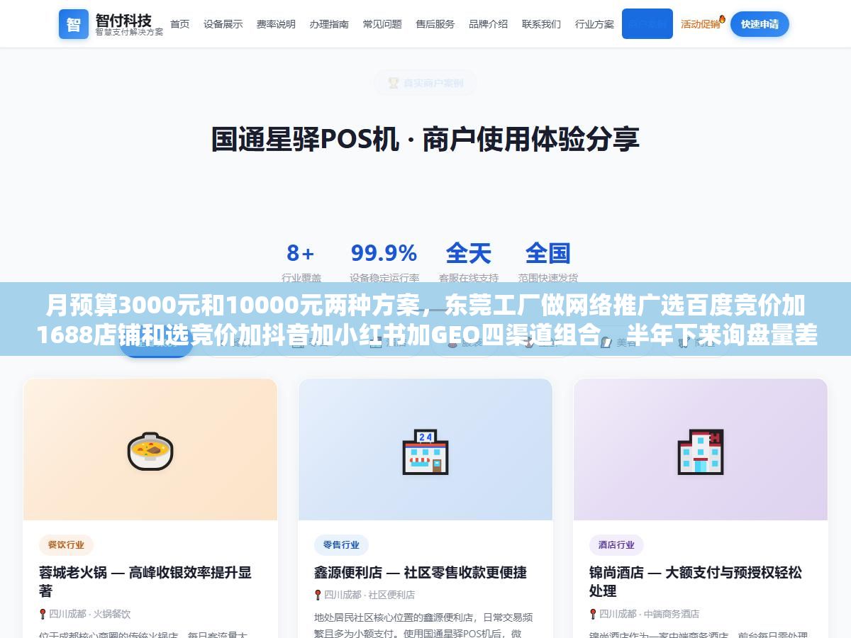 月预算3000元和10000元两种方案,东莞工厂做网络推广选百度竞价加1688店铺和选竞价加抖音加小红书加GEO四渠道组合,半年下来询盘量差了4倍但ROI差距不到20%,五金模具和电子配件厂选第一个方案就够了,服装家具厂多砸抖音小红书更划算 1 - 月预算3000元和10000元两种方案,东莞工厂做网络推广选百度竞价加1688店铺和选竞价加抖音加小红书加GEO四渠道组合,半年下来询盘量差了4倍但ROI差距不到20%,五金模具和电子配件厂选第一个方案就够了,服装家具厂多砸抖音小红书更划算 - UC建站系统