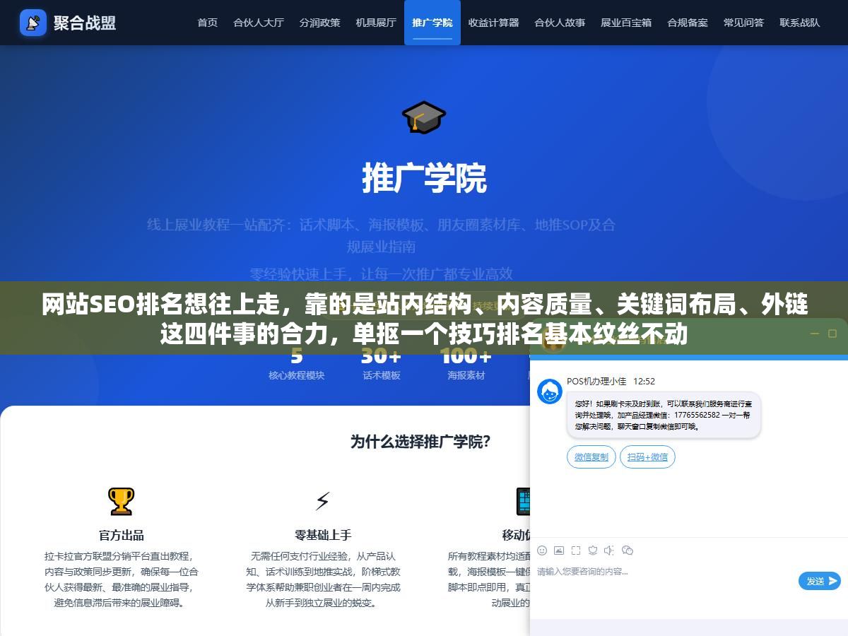 1 - 网站SEO排名想往上走，靠的是站内结构、内容质量、关键词布局、外链这四件事的合力，单抠一个技巧排名基本纹丝不动 - UC建站系统