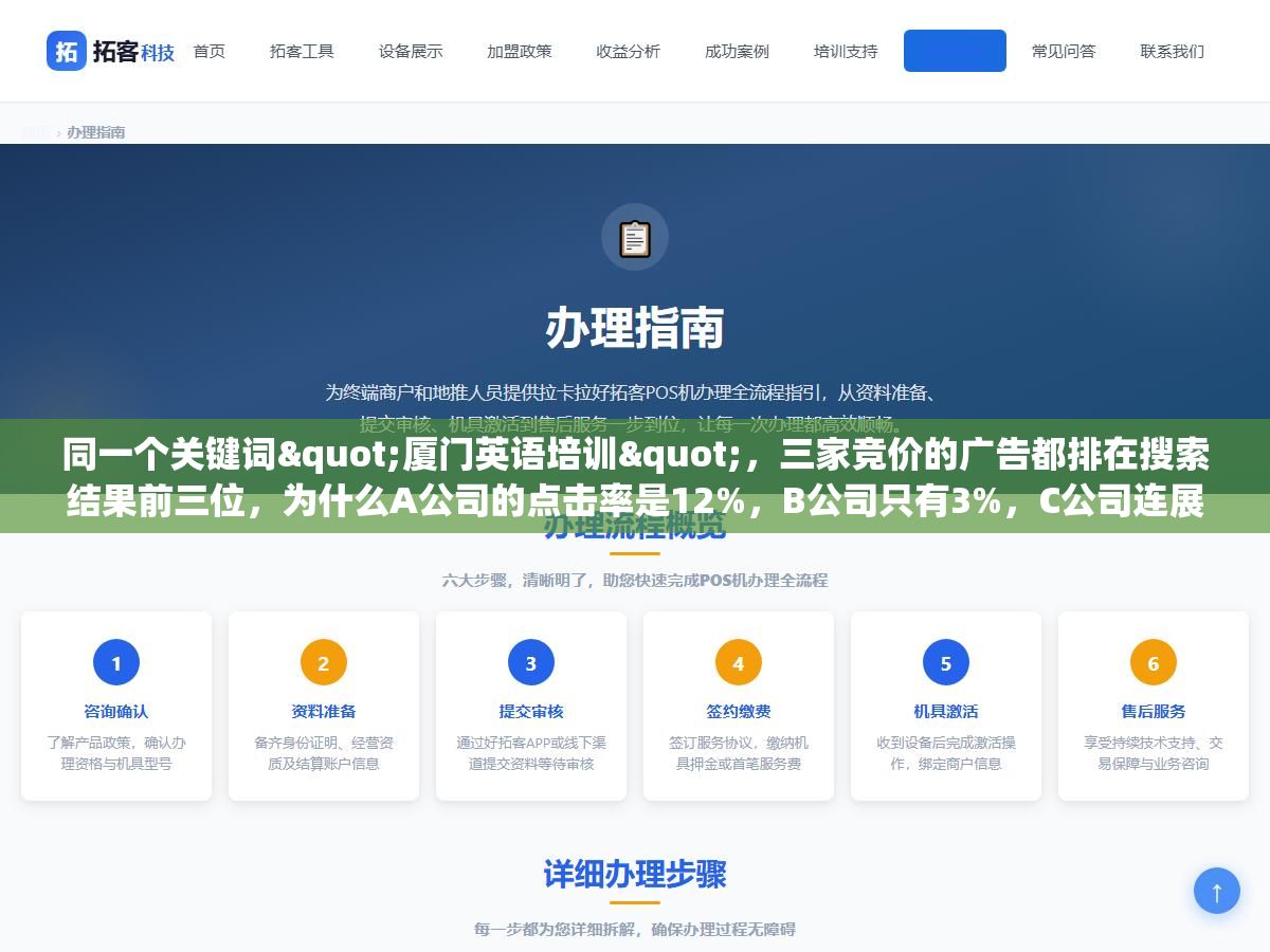 同一个关键词"厦门英语培训",三家竞价的广告都排在搜索结果前三位,为什么A公司的点击率是12%,B公司只有3%,C公司连展现都没有?百度竞价创意里面标题前15个字、通配符插在第几个字的位置、描述里有没有一个让用户觉得"不点进去就亏了"的行动指令,这三件事比出价重要得多 2 - 同一个关键词"厦门英语培训",三家竞价的广告都排在搜索结果前三位,为什么A公司的点击率是12%,B公司只有3%,C公司连展现都没有?百度竞价创意里面标题前15个字、通配符插在第几个字的位置、描述里有没有一个让用户觉得"不点进去就亏了"的行动指令,这三件事比出价重要得多 - UC建站系统