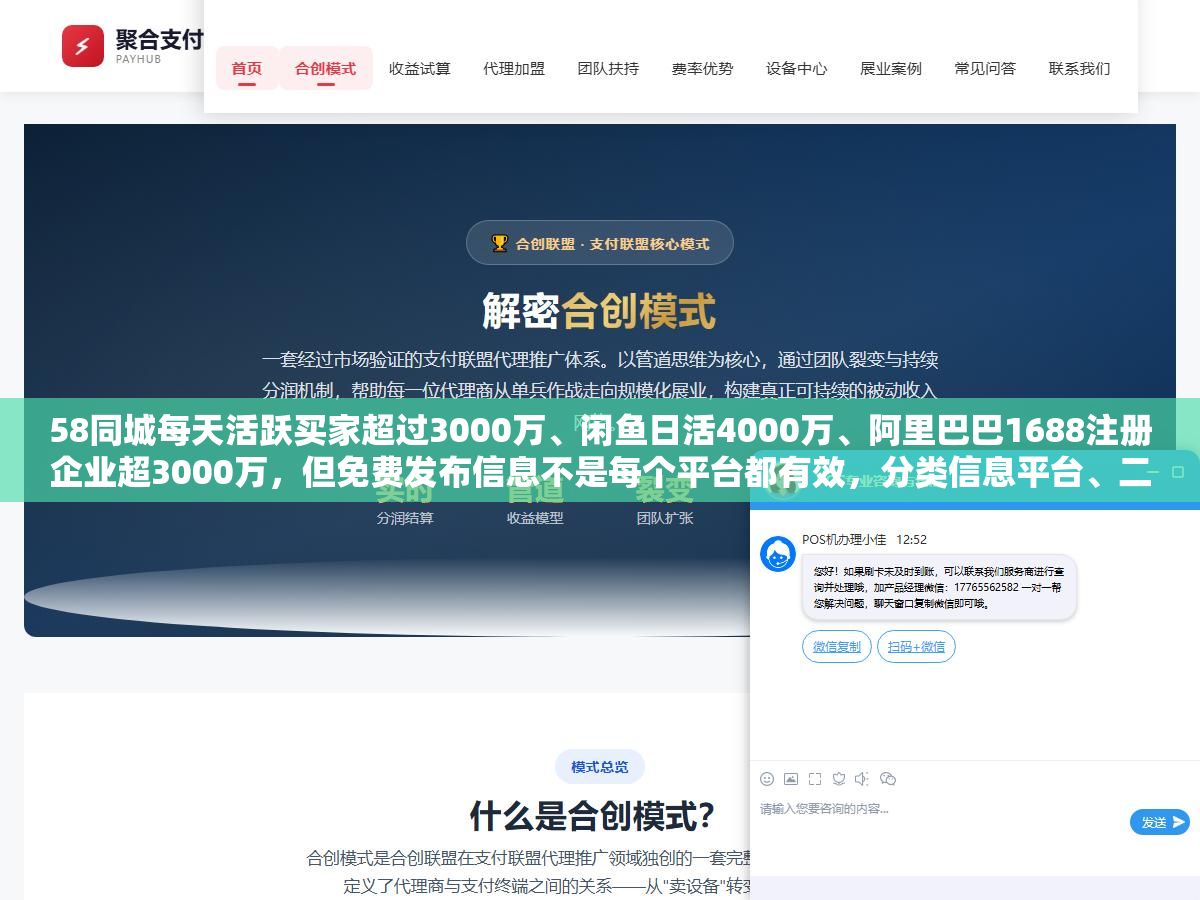 2 - 58同城每天活跃买家超过3000万、闲鱼日活4000万、阿里巴巴1688注册企业超3000万，但免费发布信息不是每个平台都有效，分类信息平台、二手交易、B2B商贸、自媒体和搜索引擎SEO五类渠道的流量来源和适用场景完全不一样 - UC建站系统