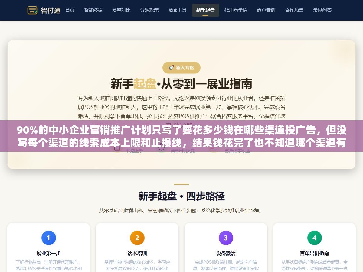 90%的中小企业营销推广计划只写了要花多少钱在哪些渠道投广告,但没写每个渠道的线索成本上限和止损线,结果钱花完了也不知道哪个渠道有效哪个在烧钱,一份能落地的推广计划差在四个环节上:目标拆解到可衡量指标、渠道选择配预算上限、内容日历细化到每周、数据复盘设止损机制 3 - 90%的中小企业营销推广计划只写了要花多少钱在哪些渠道投广告,但没写每个渠道的线索成本上限和止损线,结果钱花完了也不知道哪个渠道有效哪个在烧钱,一份能落地的推广计划差在四个环节上:目标拆解到可衡量指标、渠道选择配预算上限、内容日历细化到每周、数据复盘设止损机制 - UC建站系统