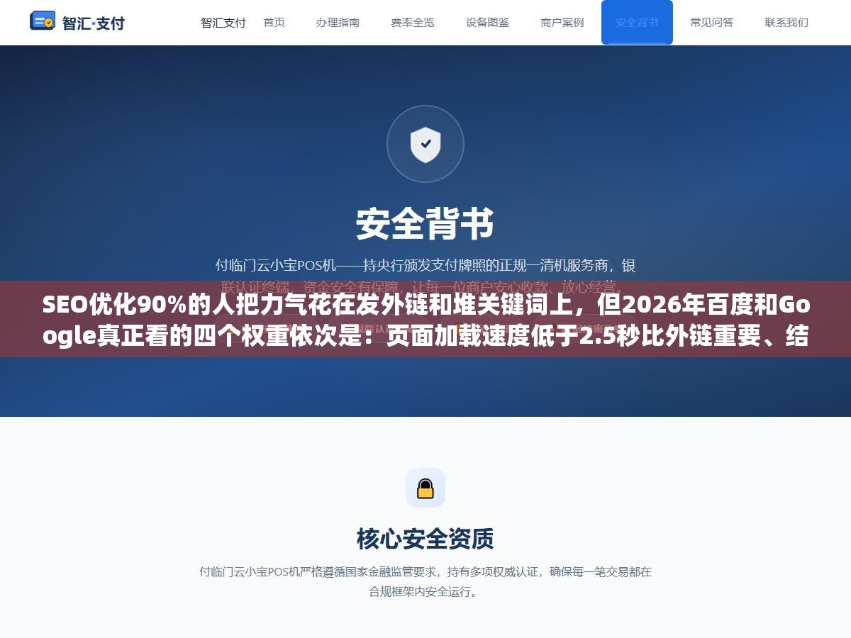 2 - SEO优化90%的人把力气花在发外链和堆关键词上，但2026年百度和Google真正看的四个权重依次是：页面加载速度低于2.5秒比外链重要、结构化数据Schema标记比关键词密度重要、移动端适配比PC端完美展示重要、持续更新高质量内容比一次性写300篇AI水文重要 - UC建站系统