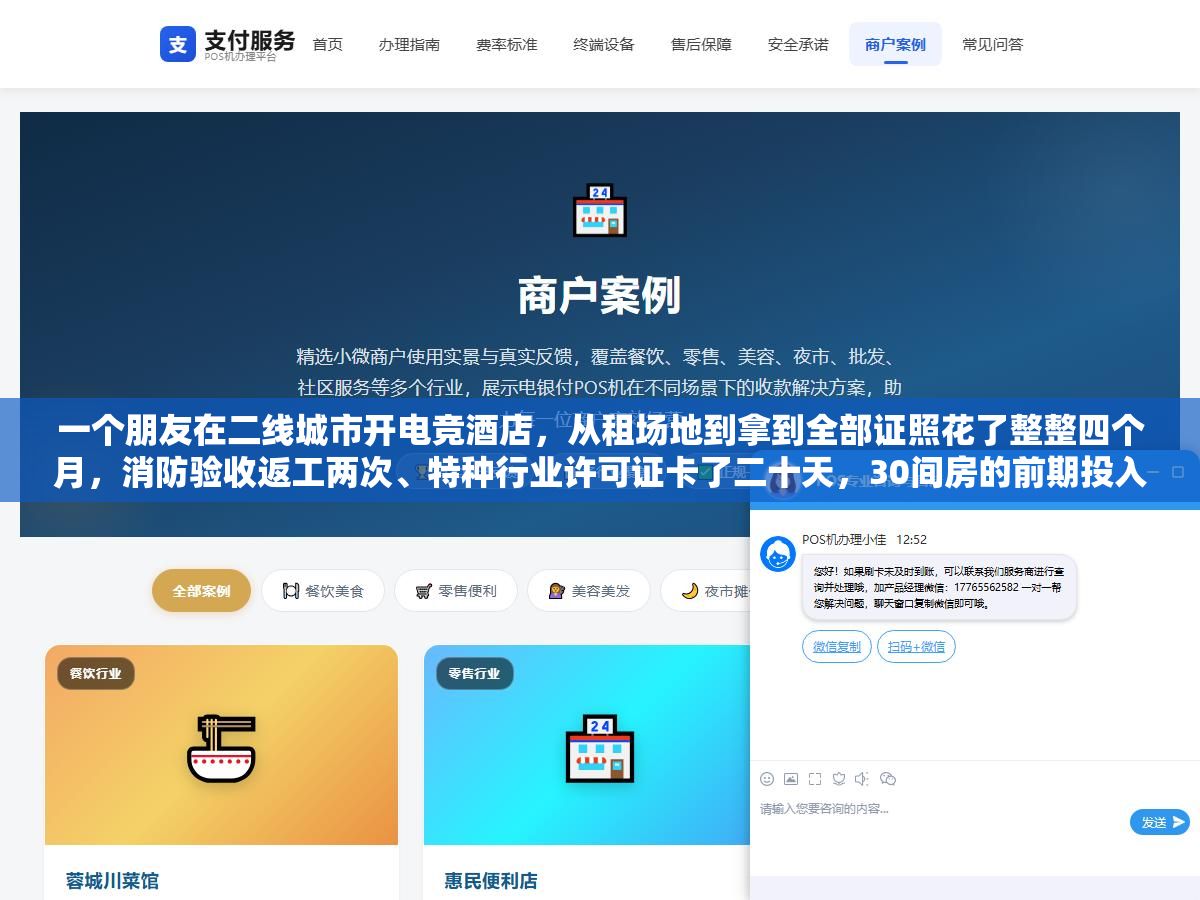 3 - 一个朋友在二线城市开电竞酒店，从租场地到拿到全部证照花了整整四个月，消防验收返工两次、特种行业许可证卡了二十天，30间房的前期投入68万，证照费用只占不到3万但哪个证没办对都可能直接关门 - UC建站系统