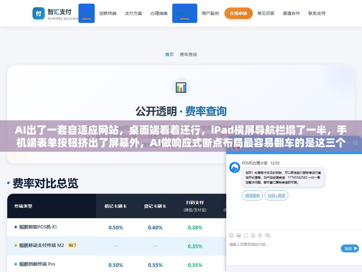 3 - AI出了一套自适应网站，桌面端看着还行，iPad横屏导航栏塌了一半，手机端表单按钮挤出了屏幕外，AI做响应式断点布局最容易翻车的是这三个地方 - UC建站系统