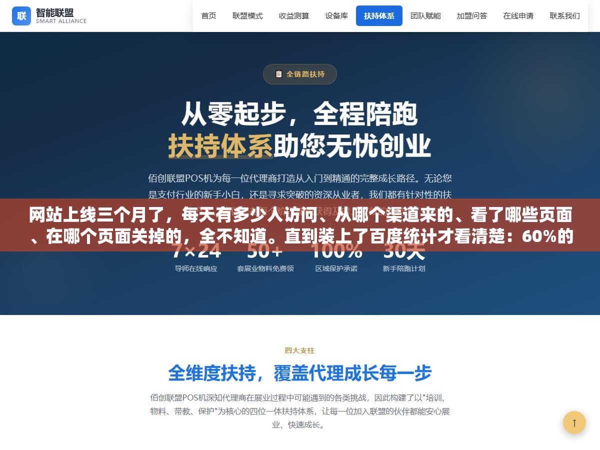 网站上线三个月了,每天有多少人访问、从哪个渠道来的、看了哪些页面、在哪个页面关掉的,全不知道。直到装上了百度统计才看清楚:60%的流量来自百度搜索、手机端占了7成、用户在产品详情页的平均停留时间只有18秒、跳出率最高的三个页面全在手机端加载超过5秒 1 - 网站上线三个月了,每天有多少人访问、从哪个渠道来的、看了哪些页面、在哪个页面关掉的,全不知道。直到装上了百度统计才看清楚:60%的流量来自百度搜索、手机端占了7成、用户在产品详情页的平均停留时间只有18秒、跳出率最高的三个页面全在手机端加载超过5秒 - UC建站系统