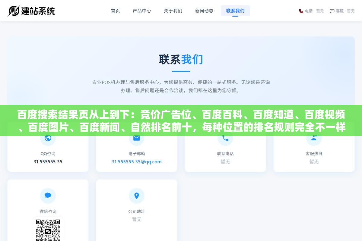 百度搜索结果页从上到下：竞价广告位、百度百科、百度知道、百度视频、百度图片、百度新闻、自然排名前十，每种位置的排名规则完全不一样