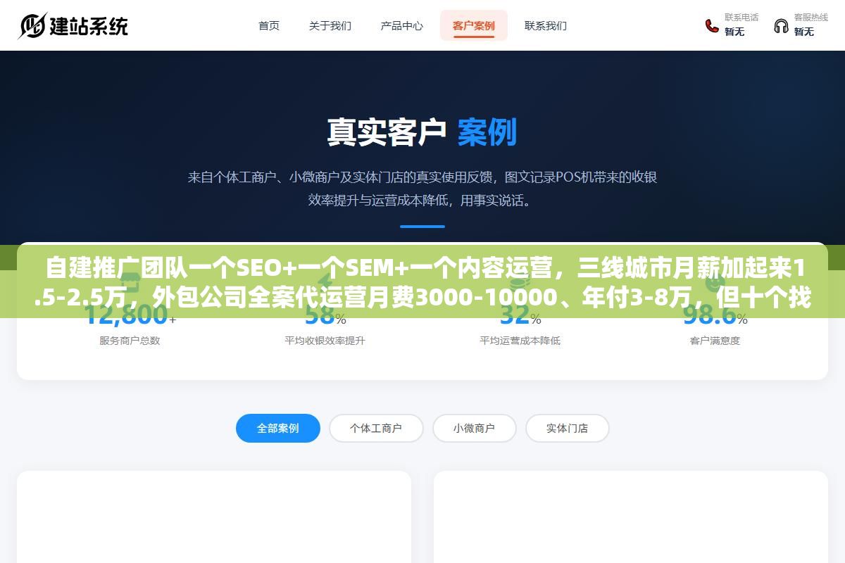 1 - 自建推广团队一个SEO+一个SEM+一个内容运营，三线城市月薪加起来1.5-2.5万，外包公司全案代运营月费3000-10000、年付3-8万，但十个找外包的公司里有六个一年内换了服务商，差的那3000块月费省在数据透明度和交付标准上，好外包和烂外包的分水岭在合同签之前就决定了 - UC建站系统