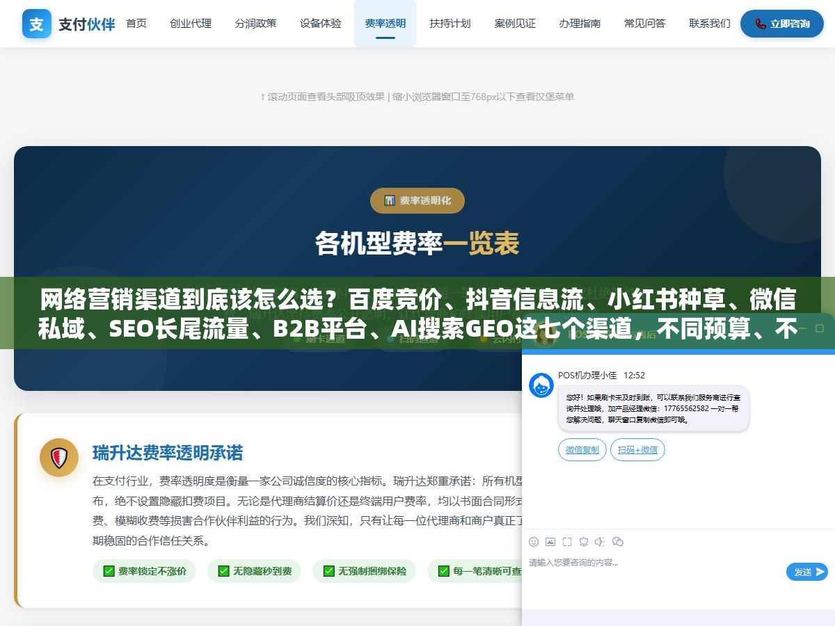 2 - 网络营销渠道到底该怎么选？百度竞价、抖音信息流、小红书种草、微信私域、SEO长尾流量、B2B平台、AI搜索GEO这七个渠道，不同预算、不同行业、不同阶段的企业分别怎么排优先级？ - UC建站系统