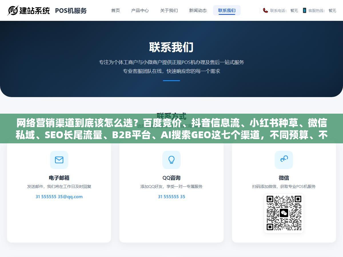 1 - 网络营销渠道到底该怎么选？百度竞价、抖音信息流、小红书种草、微信私域、SEO长尾流量、B2B平台、AI搜索GEO这七个渠道，不同预算、不同行业、不同阶段的企业分别怎么排优先级？ - UC建站系统