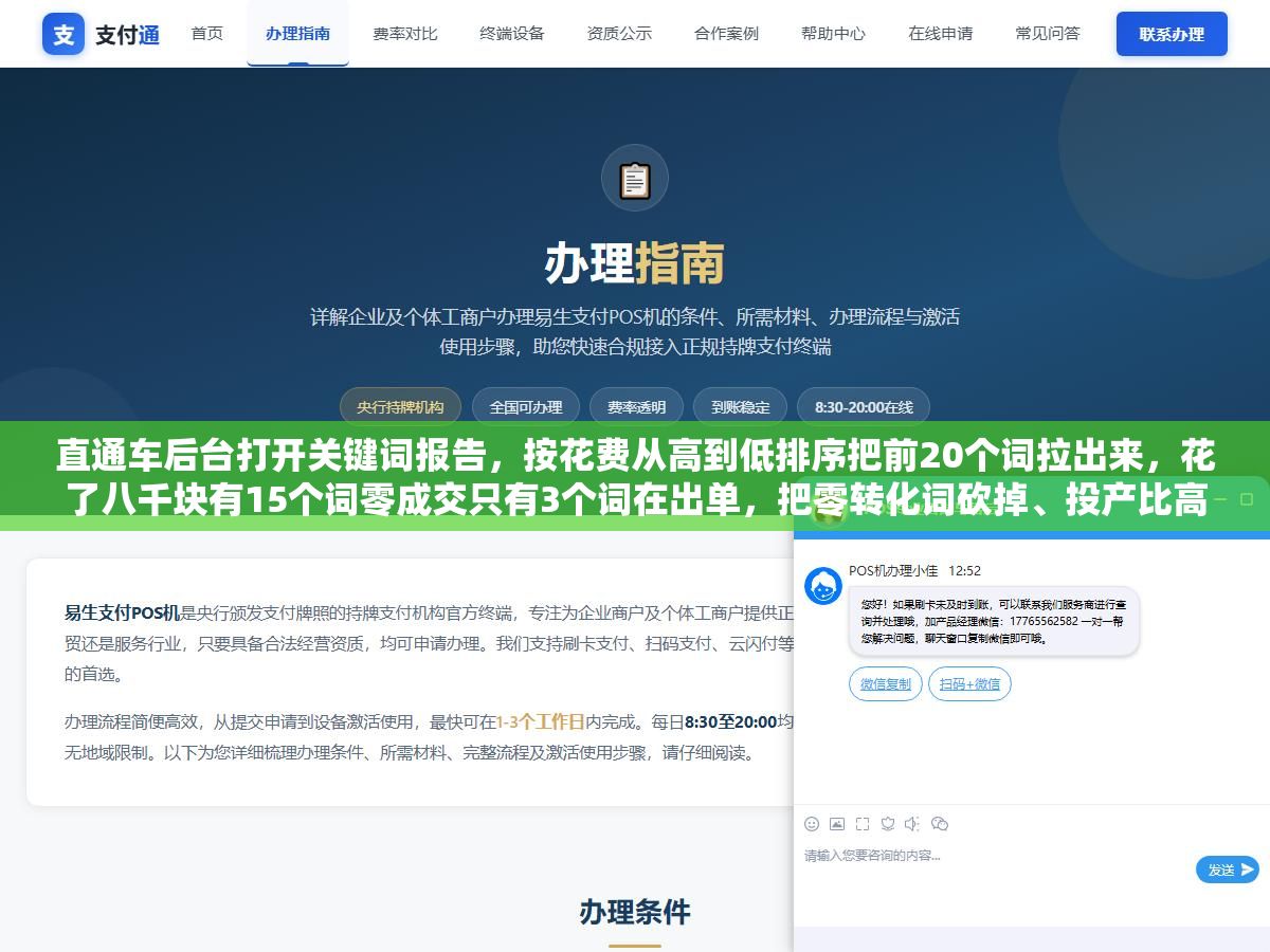 2 - 直通车后台打开关键词报告，按花费从高到低排序把前20个词拉出来，花了八千块有15个词零成交只有3个词在出单，把零转化词砍掉、投产比高的词提价20%、低点击长尾词换精准匹配之后，一周投产比从1.1跳到了2.6 - UC建站系统