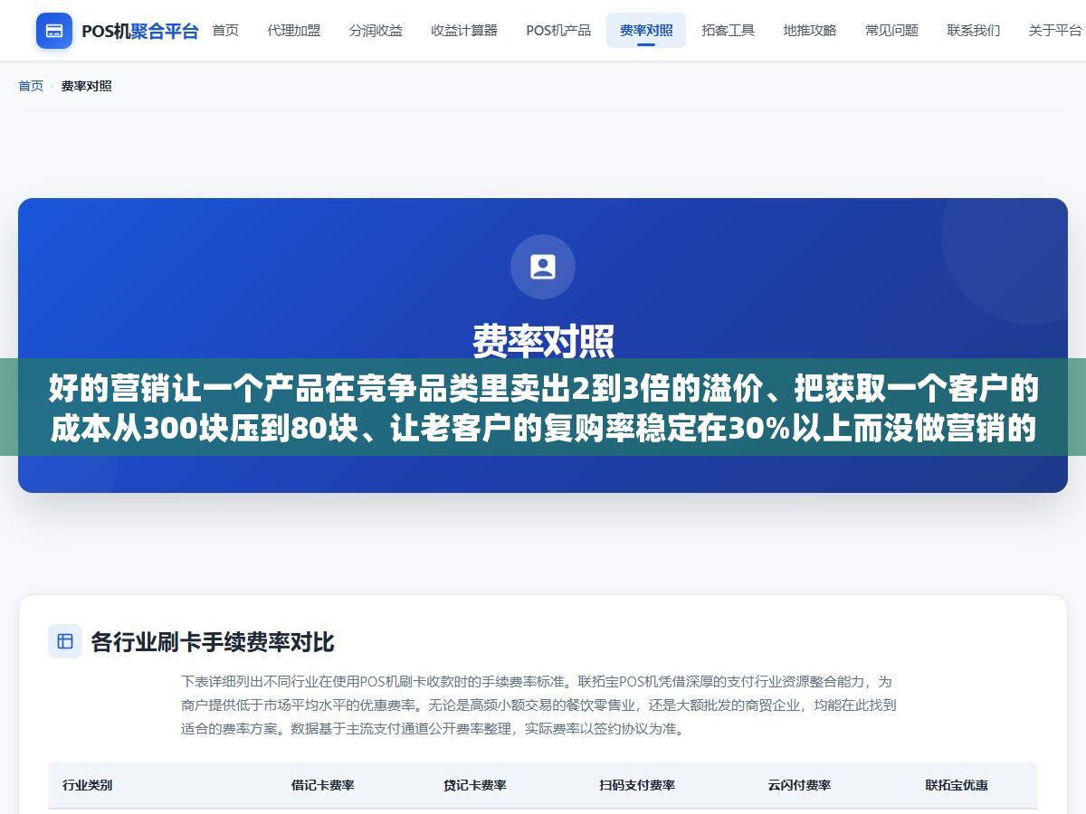 好的营销让一个产品在竞争品类里卖出2到3倍的溢价、把获取一个客户的成本从300块压到80块、让老客户的复购率稳定在30%以上而没做营销的企业不到15%,但真正理解营销"意义"的人不会把这三件事当成营销的全部,科特勒说的八个字"识别、满足、创造、交付"才是营销真正在起作用的底层逻辑 2 - 好的营销让一个产品在竞争品类里卖出2到3倍的溢价、把获取一个客户的成本从300块压到80块、让老客户的复购率稳定在30%以上而没做营销的企业不到15%,但真正理解营销"意义"的人不会把这三件事当成营销的全部,科特勒说的八个字"识别、满足、创造、交付"才是营销真正在起作用的底层逻辑 - UC建站系统