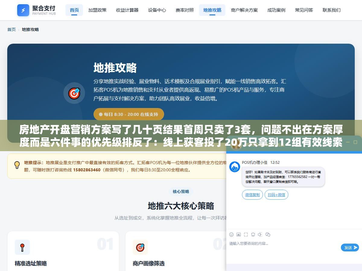 房地产开盘营销方案写了几十页结果首周只卖了3套，问题不出在方案厚度而是六件事的优先级排反了：线上获客投了20万只拿到12组有效线索、线下暖场来了200人全是领鸡蛋的大爷大妈、定价策略直接对标竞品没留调价空间、渠道分销签了八家中介结果互相抢客
